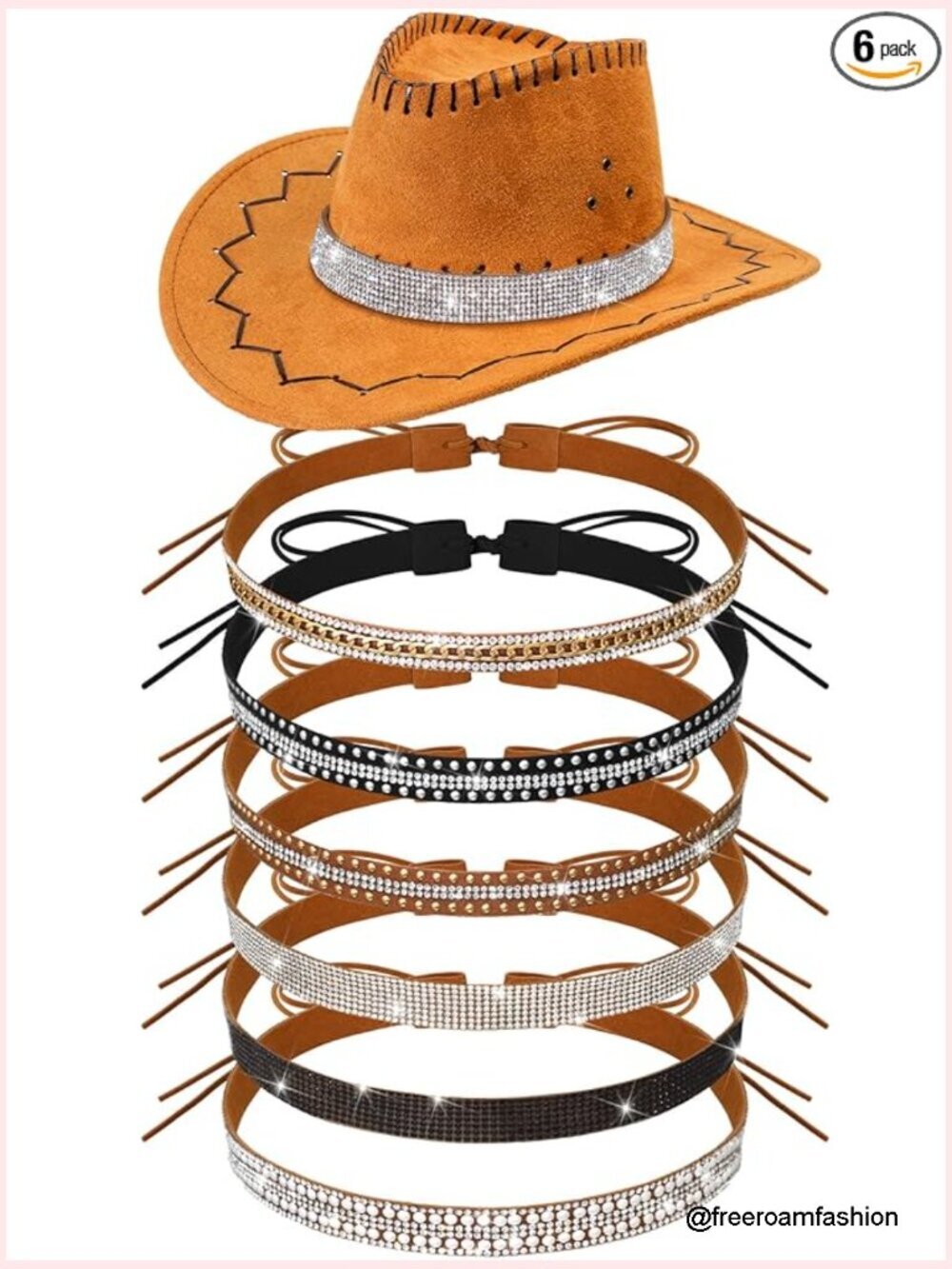 6 Pack Adjustable Rhinestone Hat Bands for Cowboy Hats Western Style Hatband Set